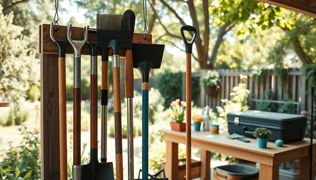A well-organized DIY garden tools storage area featuring innovative hanging systems for rakes and shovels. In the foreground, display several neatly hung tools on a rustic wooden rack, showcasing both metal and wooden handles. In the middle ground, include a bright workbench adorned with planters and small gardening accessories, and maybe a closed toolbox. The background features a sunlit garden with blooming flowers and green foliage, enhancing the serene outdoor atmosphere. The scene is bathed in soft, natural sunlight filtering through trees, creating a warm and inviting mood. Use a wide-angle lens perspective to capture depth while focusing on the details of the hanging system, emphasizing functionality and aesthetic appeal.