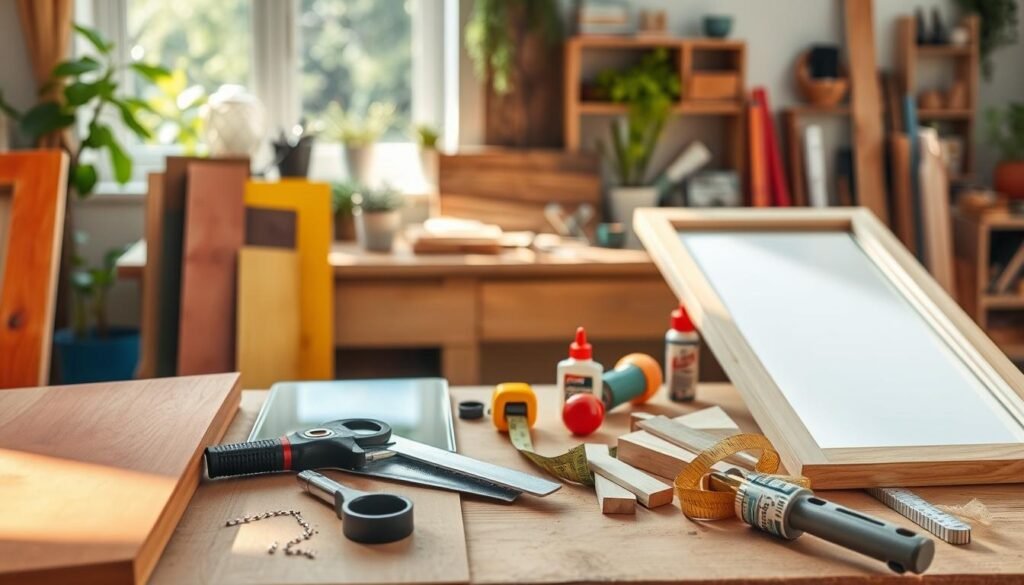 A well-organized DIY workspace displaying a variety of mirror frame materials and tools set against a light, airy background. In the foreground, vibrant wooden boards, mirror glass pieces, and various tools like a saw, measuring tape, wood glue, and sandpaper are neatly arranged. The middle ground features a sturdy workbench illuminated by soft sunlight, emphasizing the textures of the materials. In the background, hints of greenery and outdoor elements can be seen, enhancing the garden theme. The overall atmosphere is inviting and creative, with a bright, natural light filtering through, creating subtle shadows and a sense of calm inspiration for DIY projects. A close-up angle captures the details of the tools and materials vividly, encouraging the viewer to envision a fun and productive crafting experience.