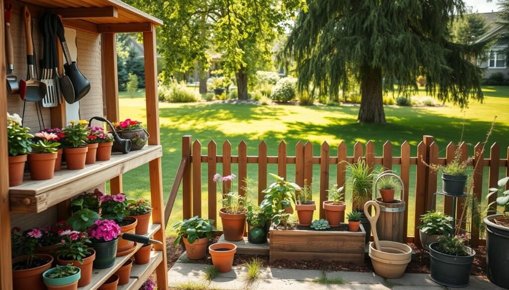A well-organized backyard showcasing practical garden pot storage solutions. In the foreground, a rustic wooden potting shelf is filled with various potted plants, colorful flowers, and gardening tools arranged neatly. The middle ground features a small, attractive herb garden with containers made from natural materials, while a decorative wooden fence subtly frames the scene. In the background, a lush green lawn and tall trees provide a tranquil setting. The image is illuminated by bright natural light, with soft sunlight filtering through the leaves. The mood is inviting and serene, ideal for a DIY gardening enthusiast. The angle captures the depth of the space, emphasizing the storage ideas efficiently.