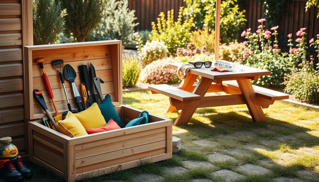 A well-organized backyard storage area focusing on safety, featuring a sturdy DIY storage box made of natural wood, seamlessly integrated into a vibrant garden. In the foreground, the box is open, showcasing neatly arranged garden tools and brightly colored cushions. The middle ground displays a picnic table with safety gear like gloves and goggles attractively placed. The background reveals a sunlit garden with blooming flowers and green shrubs, adding to the serene atmosphere. The scene is bathed in soft, natural sunlight, casting gentle shadows. The angle is slightly elevated to capture the entire setup, evoking a sense of order and tranquility, highlighting the importance of safety in backyard storage.