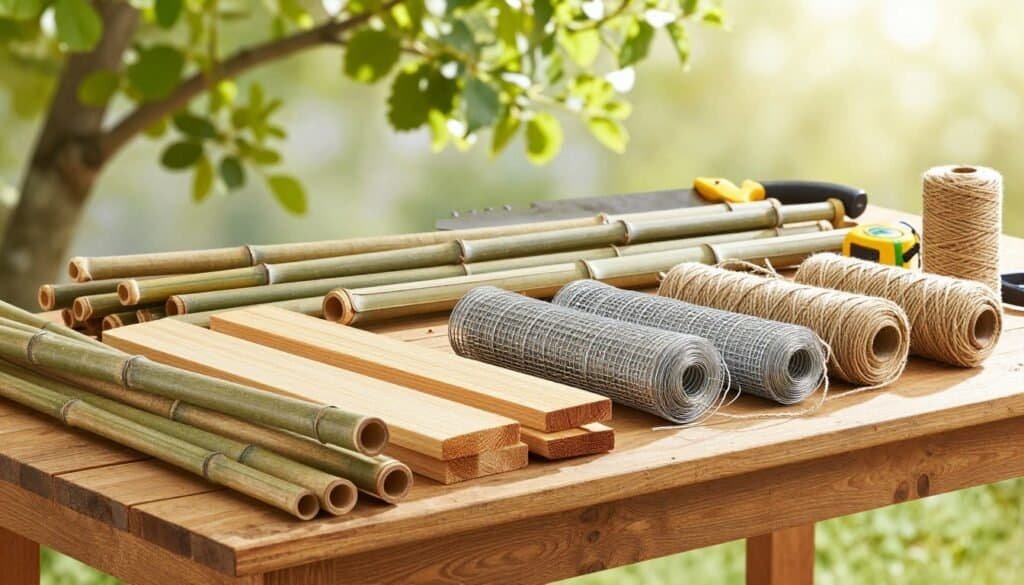 A well-organized collection of garden trellis materials for a DIY project, displayed on a rustic wooden workbench. In the foreground, various materials such as bamboo poles, sturdy wooden slats, rolls of wire mesh, and twine are neatly arranged, showcasing textures and natural colors. The middle ground features gardening tools like a saw and measuring tape, hinting at construction. In the background, soft sunlight filters through leafy trees, creating a bright and airy atmosphere. The overall mood is inviting and creative, perfect for a gardening enthusiast preparing for a project. The scene should be captured in clear detail, with vibrant colors, emphasizing the natural beauty of the materials under gentle sunlight.