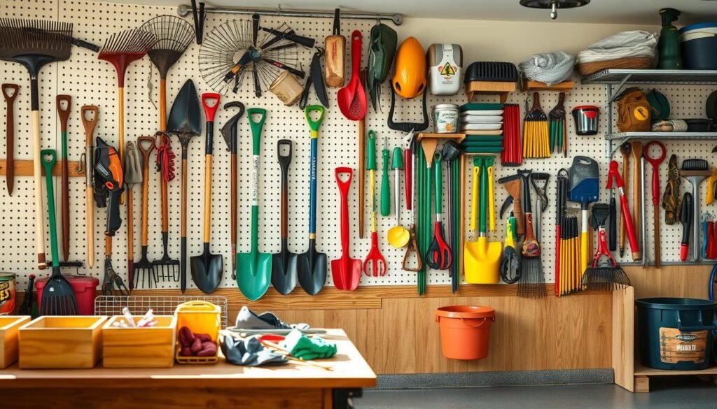A well-organized garage wall featuring a garden tool organization system, showcasing various gardening tools like rakes, shovels, and pruning shears neatly arranged on pegboards and shelves. The foreground captures a workbench with wooden bins holding small tools and gloves, while the middle ground highlights the organized tools in vivid colors. The background showcases a tidy garage space with neatly hung items, illuminated by bright natural light streaming through a window, creating a warm, inviting atmosphere. The scene conveys a sense of efficiency and inspiration for DIY home decorators, with soft sunlight enhancing the textures of the tools and wooden surfaces. The angle is slightly elevated, capturing the full depth of the organization system without any human figures or distractions in the scene.