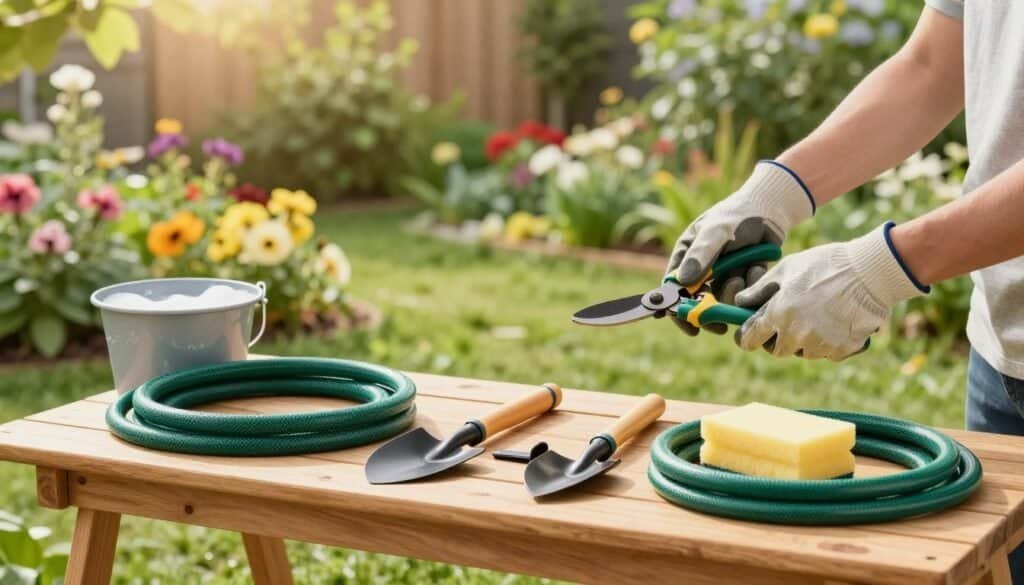 A well-organized garden tool maintenance station in a bright backyard setting. In the foreground, a wooden workbench is neatly arranged with an array of gardening tools like shears, trowels, and a garden hose, all sparkling clean. A small bucket filled with soapy water and sponges sits to one side, emphasizing the cleaning aspect. In the middle, a pair of hands, wearing modest gardening gloves, is cleaning a pair of pruning shears. The background features a lush, colorful garden with vibrant flowers and greenery, softly illuminated by warm, natural sunlight filtering through the leaves. The scene captures a serene, productive atmosphere, evoking a sense of routine and care in garden maintenance.