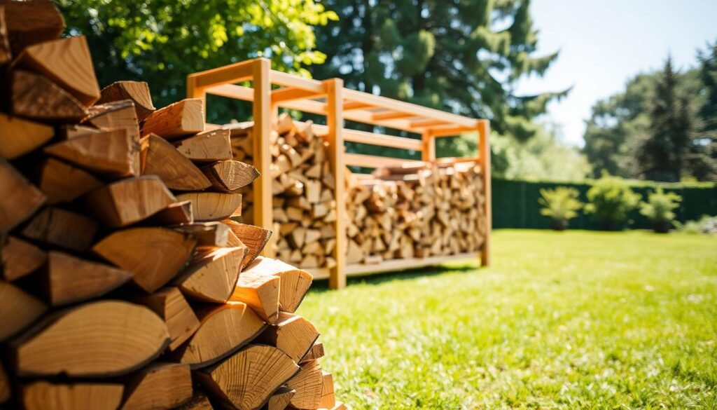 A well-organized outdoor firewood rack against a backdrop of a lush green backyard. In the foreground, neatly stacked firewood logs are arranged by size, showcasing a variety of textures and colors, all glistening in soft natural light. The middle section reveals the elegantly crafted wood rack, made of sturdy timber, highlighting smooth edges and practical design, casting gentle shadows on the lawn. In the background, a serene view of trees under a bright blue sky enhances the peaceful atmosphere. The scene is filled with bright, airy sunlight, emphasizing a tidy, organized space that promotes a feeling of calm and order. The angle is slightly elevated, providing a clear view of the firewood storage system, ensuring a realistic and inviting depiction.
