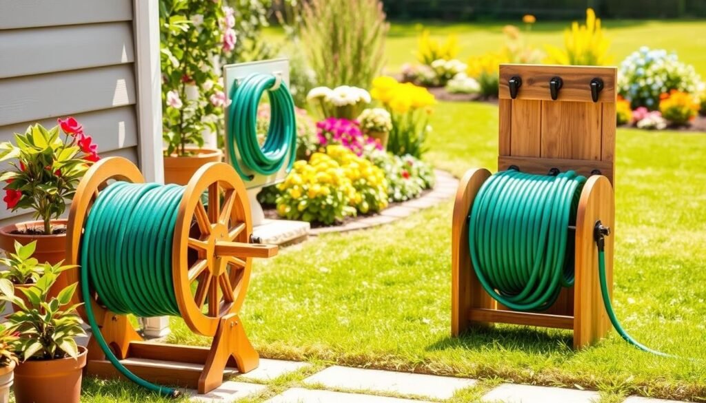 A well-organized outdoor garden space showcasing various hose organization solutions. In the foreground, a stylish wooden hose reel with a neatly coiled green garden hose, accented by elegant potted plants. The middle ground features a wall-mounted hose holder with a vibrant floral backdrop, demonstrating practical storage solutions. In the background, a sunny garden with well-maintained grass and colorful flower beds creates a cheerful, inviting atmosphere. Soft sunlight bathes the scene, highlighting the textures of the wood and foliage. The angle is slightly elevated to capture the overall layout, conveying a sense of order and creativity in outdoor storage. The mood is bright and inspiring, perfect for gardening enthusiasts.