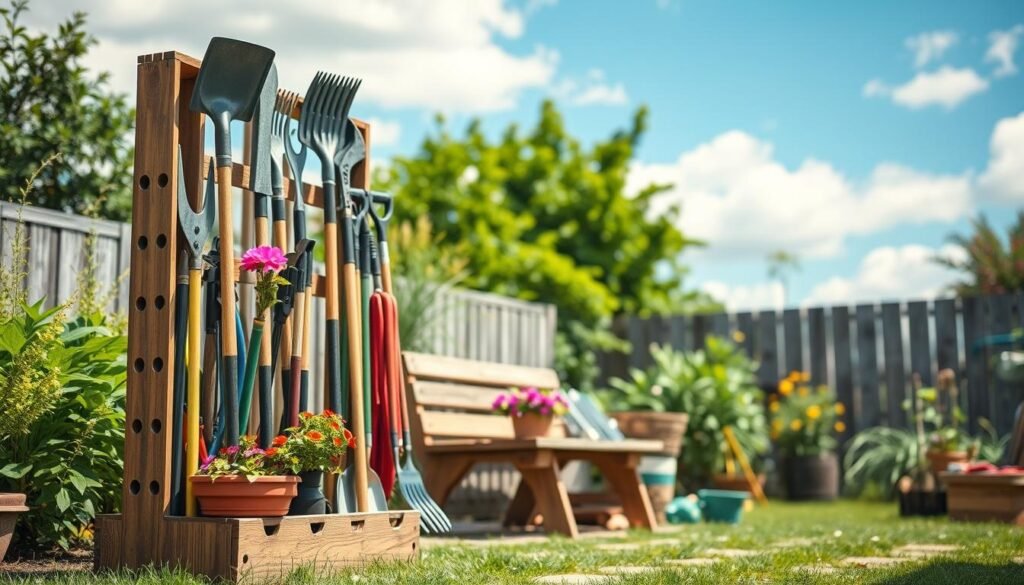 A well-organized outdoor tool storage setup in a backyard, featuring a rustic wooden garden tool rack filled with various tools like shovels, rakes, and pruning shears. The foreground showcases neatly labeled tool slots and a small pot with vibrant flowers for added charm. In the middle ground, lush greenery surrounds the rack, and a wooden bench sits beside it, with a few gardening supplies scattered around. The background features a bright blue sky with soft clouds, allowing natural sunlight to illuminate the scene. The atmosphere is calm and inviting, conveying a sense of productivity and organization, captured with a slightly elevated angle to provide a comprehensive view. The image is airy and well-lit, showcasing realistic home décor elements with a focus on gardening efficiency.