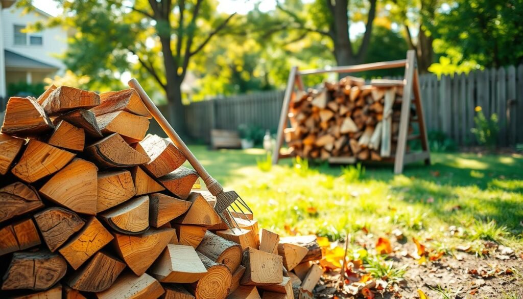 A well-organized outdoor woodpile during seasonal maintenance for firewood storage, captured in a suburban backyard. In the foreground, a neatly stacked pile of firewood logs in varying sizes, showcasing different wood species, with a small gardening tool like a rake resting against it. The middle ground features a rustic wooden firewood rack, slightly weathered, with green grass and scattered autumn leaves around it. In the background, soft sunlight filters through lush trees, casting gentle shadows and highlighting the texture of the wood. The scene evokes a peaceful and productive atmosphere, emphasizing care and organization in seasonal maintenance. The image should have a warm, inviting tone with bright natural light enhancing the details.