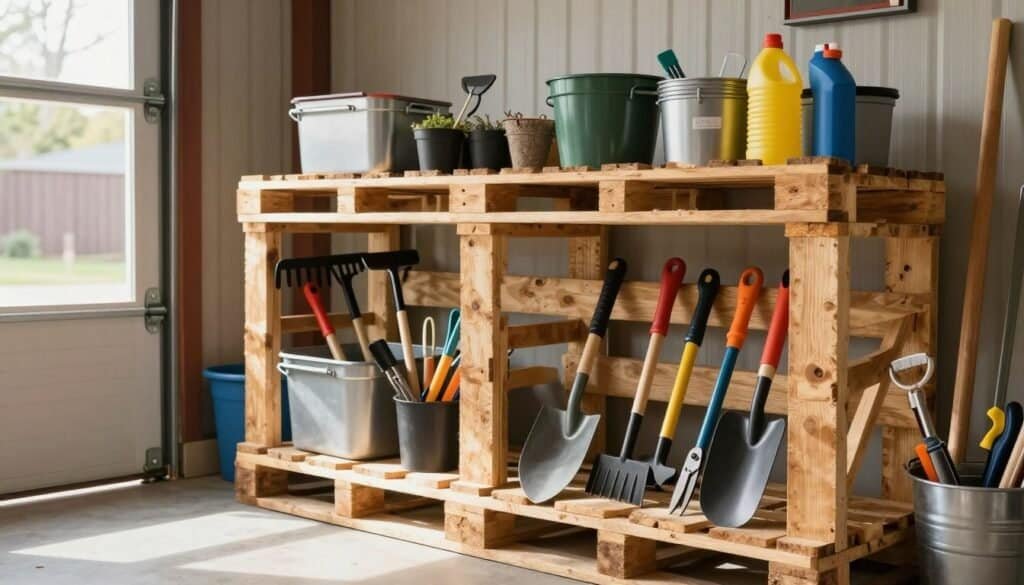 A well-organized pallet garage storage solution filled with garden tools and cleaning supplies, showcasing a mix of wooden and metal materials. In the foreground, various hand tools like rakes, spades, and pruning shears are neatly arranged on a rustic wooden pallet shelf. The middle layer features organized containers and pots, offering easy access for DIY projects. In the background, a partially open garage door allows bright natural light to flood in, creating a warm and inviting atmosphere. The scene is enhanced by soft sunlight illuminating the space, casting gentle shadows that emphasize the textures of the wood and tools. The overall mood is one of efficiency and creativity, ideal for a backyard maintenance hub.