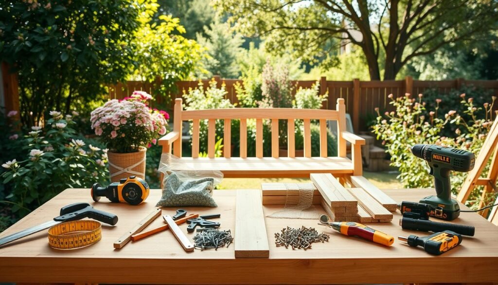 A well-organized workbench in a bright, airy garden setting, featuring essential tools for building an outdoor garden bench. In the foreground, a sturdy wooden workbench is scattered with tools like a measuring tape, saw, drill, and clamps. In the middle, bags of wood screws and planks of lumber are neatly arranged, with a partially assembled garden bench showcasing its design. The background reveals a lush green garden with flowering plants and soft sunlight filtering through trees, casting gentle shadows. The atmosphere is inviting and productive, emphasizing a calm, creative space. Shot with a 35mm lens to enhance depth, the image captures a warm, inspirational feel for DIY enthusiasts. A well-organized workbench in a bright, airy garden setting, featuring essential tools for building an outdoor garden bench. In the foreground, a sturdy wooden workbench is scattered with tools like a measuring tape, saw, drill, and clamps. In the middle, bags of wood screws and planks of lumber are neatly arranged, with a partially assembled garden bench showcasing its design. The background reveals a lush green garden with flowering plants and soft sunlight filtering through trees, casting gentle shadows. The atmosphere is inviting and productive, emphasizing a calm, creative space. Shot with a 35mm lens to enhance depth, the image captures a warm, inspirational feel for DIY enthusiasts.