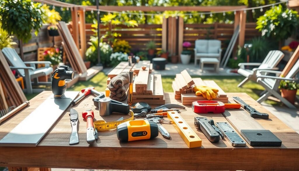 A well-organized workspace for gathering essential tools for frame construction in a backyard setting. Foreground: a wooden workbench neatly arranged with various tools such as a saw, hammer, measuring tape, and level, all shining in bright natural light. Middle: an assortment of planks, brackets, and safety gear like gloves and goggles, suggesting preparation for a DIY project. Background: a vibrant garden scene with lush greenery and seating areas, bathed in soft sunlight, evoking a sense of calm and creativity. The overall atmosphere is inviting and productive, with an emphasis on practicality and an enthusiasm for DIY craftsmanship. The composition should focus on the tools and workspace with a slight depth of field, creating a warm, engaging ambiance for aspiring DIY enthusiasts.