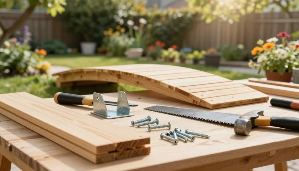 A well-organized workspace showcasing a variety of garden bridge construction materials. In the foreground, detailed close-ups of wooden planks, metal brackets, screws, and tools such as a saw and hammer, all arranged neatly on a solid workbench. In the middle, a partially constructed garden bridge takes shape, with some materials laid out for assembly, reflecting a DIY aesthetic. The background features a sun-drenched backyard setting with lush greenery and vibrant flowers, giving an inviting feel to the scene. Soft sunlight filters through trees, casting gentle shadows, while a shallow depth of field emphasizes the materials in focus. The atmosphere is calm and creative, perfect for inspiring DIY enthusiasts.