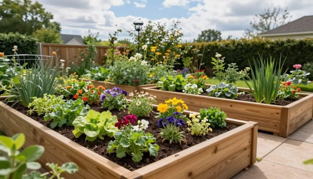 A well-structured raised garden layout nestled in a backyard setting, showcasing divider boxes made from natural wood and filled with vibrant flowers and vegetables. In the foreground, the beautiful textures of soil and fresh foliage provide detail, while the middle ground features various paired plants, illustrating smart planting strategies with complementary colors and growth habits. The background reveals a sunny garden with blue skies and fluffy clouds. Soft, natural light bathes the scene, creating an inviting atmosphere. The camera angle captures the layout from a slightly elevated vantage point, offering a broad view of the organized planting scheme. The overall mood is serene and inspiring, emphasizing the joy of gardening and the beauty of thoughtfully arranged plants.