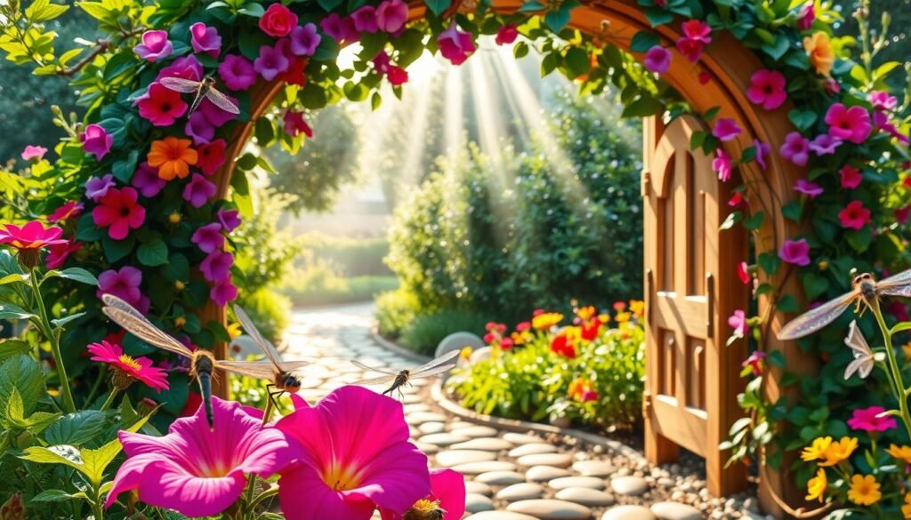 A whimsical garden archway adorned with vibrant climbing vines and colorful flowers, set in a serene garden. In the foreground, delicate morning dew glistens on the petal edges, while dragonflies flit playfully around the colorful blooms. The archway, constructed from natural wood with intricate carvings, stands invitingly as a focal point. In the middle background, a pathway of smooth pebbles leads through lush greenery, with beams of soft sunlight filtering through the leaves, creating a dappled effect on the ground. The overall mood is enchanting and inviting, embodying a peaceful retreat in nature. The lighting is bright and airy, evoking a sense of optimism and inspiration perfect for a garden project. A whimsical garden archway adorned with vibrant climbing vines and colorful flowers, set in a serene garden. In the foreground, delicate morning dew glistens on the petal edges, while dragonflies flit playfully around the colorful blooms. The archway, constructed from natural wood with intricate carvings, stands invitingly as a focal point. In the middle background, a pathway of smooth pebbles leads through lush greenery, with beams of soft sunlight filtering through the leaves, creating a dappled effect on the ground. The overall mood is enchanting and inviting, embodying a peaceful retreat in nature. The lighting is bright and airy, evoking a sense of optimism and inspiration perfect for a garden project.