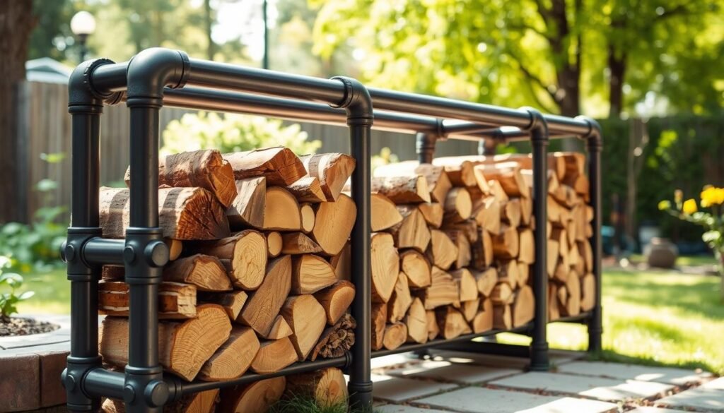 An industrial-style firewood rack made from sturdy steel pipes, elegantly arranged in an outdoor backyard setting. The foreground features neatly stacked firewood, showcasing various sizes and textures of logs, emphasizing functionality and aesthetic appeal. In the middle, highlight the firewood rack itself, displaying a modern, minimalist design with a rugged finish, gleaming in bright natural light. The background captures a lush green garden with soft sunlight filtering through trees, creating an inviting and airy atmosphere. The angle is slightly elevated, allowing a comprehensive view of the rack and its surroundings, while ensuring a focus on the craftsmanship of the firewood storage solution.