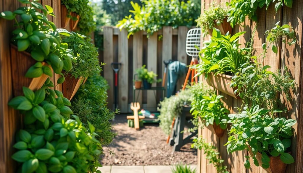 An outdoor herb wall brimming with a diverse array of lush herbs, including basil, rosemary, thyme, and mint, is vividly showcased. The foreground features several vertical planters made of rustic wood, each housing vibrant green plants, their leaves glistening in the soft sunlight. In the middle, a backdrop of a charming garden setting unfolds, with a wooden fence and garden tools subtly arranged. The lighting is bright and warm, creating an inviting atmosphere. The angle is slightly tilted upward, capturing the height of the herb wall, while the composition invites viewers to appreciate the harmonious blend of nature and home décor. The overall mood is serene and uplifting, ideal for small space gardening enthusiasts.