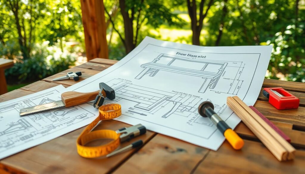 An outdoor wooden bench construction plan laid out on a rustic wooden table, with detailed sketches and measurements visible. The foreground shows a set of woodworking tools: a saw, hammer, measuring tape, and wood clamps neatly arranged beside the blueprints. In the middle, the plans display realistic dimensions and annotations for each component of the bench. The background features a serene garden setting, with soft, dappled sunlight filtering through lush green trees, creating an inviting and tranquil atmosphere. The image captures the essence of woodworking and outdoor crafting, focusing on precision and preparation, evoking a sense of creativity and practicality in the planning phase. An outdoor wooden bench construction plan laid out on a rustic wooden table, with detailed sketches and measurements visible. The foreground shows a set of woodworking tools: a saw, hammer, measuring tape, and wood clamps neatly arranged beside the blueprints. In the middle, the plans display realistic dimensions and annotations for each component of the bench. The background features a serene garden setting, with soft, dappled sunlight filtering through lush green trees, creating an inviting and tranquil atmosphere. The image captures the essence of woodworking and outdoor crafting, focusing on precision and preparation, evoking a sense of creativity and practicality in the planning phase.