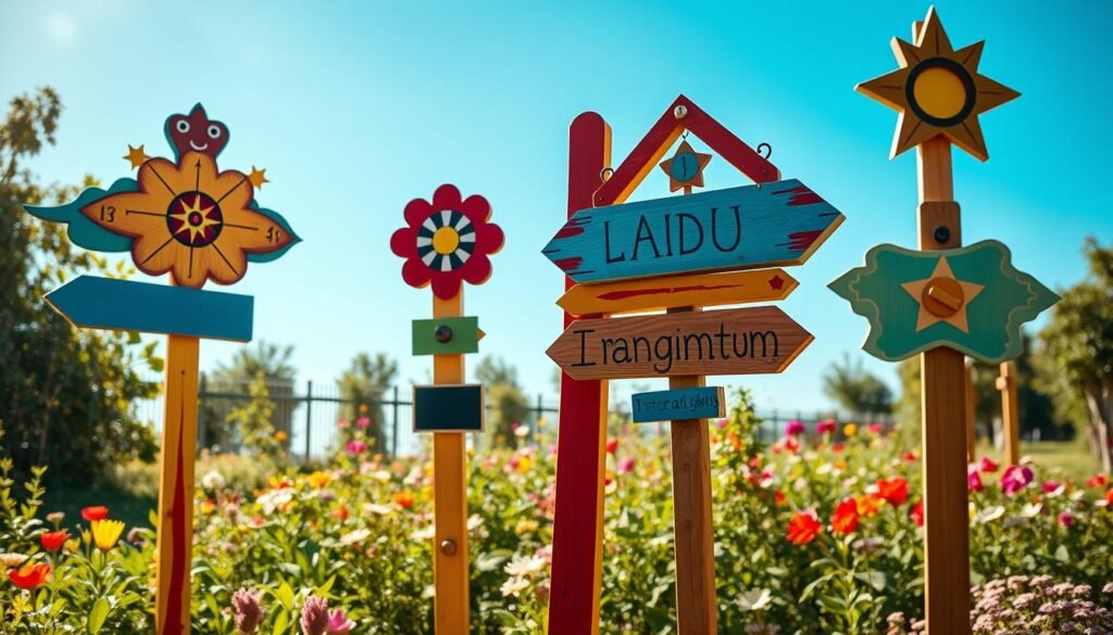 Children's garden sign posts designed to ignite imagination, showcasing colorful wooden signs with playful shapes like animals, flowers, and stars. In the foreground, the sign posts are arranged at varying heights, each adorned with vibrant paint and creative designs, featuring interactive elements like spin wheels and small chalkboards. In the middle ground, a lush garden fills the scene, with soft greenery and blooming flowers adding to the whimsical atmosphere. The background includes a sunny blue sky, filtered sunlight casting a warm and inviting glow on the garden. Captured from a slightly elevated angle with a wide lens to emphasize the depth of the garden and the playful nature of the sign posts, evoking a cheerful and playful mood that invites exploration.