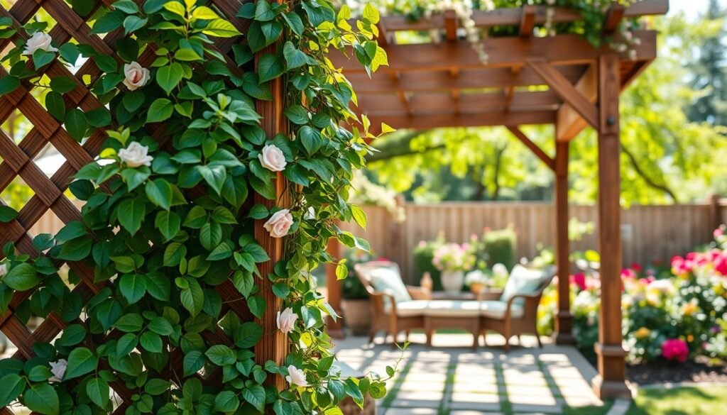 Classic lattice trellis designs showcasing a beautifully crafted wooden structure, intricately woven with geometric patterns, ideal for supporting climbing plants like roses and ivy. In the foreground, focus on the lush greenery of the climbing plants intertwined with the trellis, creating a sense of natural harmony. The middle ground highlights a serene garden setting with a cozy seating area beneath the shade of the trellis, inviting relaxation. The background features a well-kept garden with colorful flowers and sunlight dappling through the leaves, creating a warm, inviting atmosphere. The image is bathed in soft, natural light, capturing a calm and peaceful mood, reminiscent of a sunny afternoon in a well-designed backyard. Utilize a shallow depth of field to emphasize the trellis, while maintaining a sharp focus on the vibrant plants. Classic lattice trellis designs showcasing a beautifully crafted wooden structure, intricately woven with geometric patterns, ideal for supporting climbing plants like roses and ivy. In the foreground, focus on the lush greenery of the climbing plants intertwined with the trellis, creating a sense of natural harmony. The middle ground highlights a serene garden setting with a cozy seating area beneath the shade of the trellis, inviting relaxation. The background features a well-kept garden with colorful flowers and sunlight dappling through the leaves, creating a warm, inviting atmosphere. The image is bathed in soft, natural light, capturing a calm and peaceful mood, reminiscent of a sunny afternoon in a well-designed backyard. Utilize a shallow depth of field to emphasize the trellis, while maintaining a sharp focus on the vibrant plants.