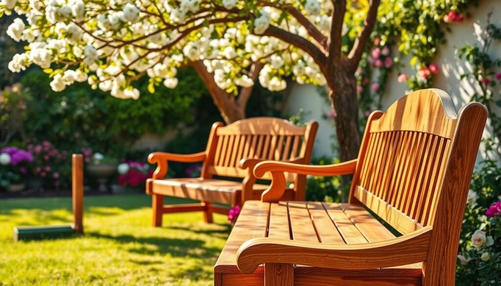 Classic wooden garden benches crafted from rich, warm hardwoods, each piece showcasing exquisite grain patterns and smooth finishes, elegantly arranged in a lush garden setting. In the foreground, a beautifully detailed bench with intricate armrests and a comfortable seating area invites relaxation. In the middle ground, another bench is partially shaded by a blossoming tree, its soft leaves filtering golden sunlight, creating dappled patterns on the ground. The background features vibrant flowers and climbing vines, enhancing the peaceful atmosphere. The image is illuminated by bright, natural light, capturing the serene charm of the outdoor space, evoking a timeless appeal of classic garden design. The composition is well-balanced, photographed from a slightly elevated angle to showcase the benches in their idyllic surroundings. Classic wooden garden benches crafted from rich, warm hardwoods, each piece showcasing exquisite grain patterns and smooth finishes, elegantly arranged in a lush garden setting. In the foreground, a beautifully detailed bench with intricate armrests and a comfortable seating area invites relaxation. In the middle ground, another bench is partially shaded by a blossoming tree, its soft leaves filtering golden sunlight, creating dappled patterns on the ground. The background features vibrant flowers and climbing vines, enhancing the peaceful atmosphere. The image is illuminated by bright, natural light, capturing the serene charm of the outdoor space, evoking a timeless appeal of classic garden design. The composition is well-balanced, photographed from a slightly elevated angle to showcase the benches in their idyllic surroundings.