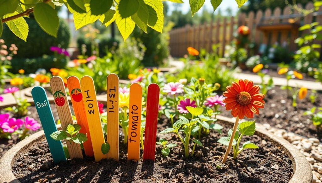 Colorful and whimsical popsicle stick plant markers arranged artistically in a vibrant garden setting. The markers are hand-painted with playful designs, showcasing names of various plants like “Basil,” “Tomato,” and “Sunflower.” In the foreground, the markers are brightly colored, leaning slightly in the soil of a quaint flowerbed filled with blooming flowers. The middle ground features lush greenery and a mix of herb and vegetable plants. The background offers a glimpse of a sunny garden, dotted with decorative elements such as small pebbles and a rustic wooden garden fence. The scene is bathed in bright, natural light, highlighting the cheerful colors of the markers and creating a warm, inviting atmosphere. The angle captures an immersive view, focused on the markers, with soft sunlight filtering through the leaves above.