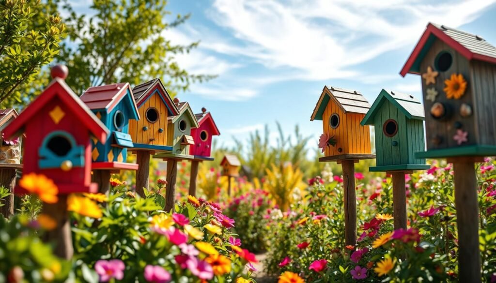 Colorful birdhouses of various shapes and sizes are nestled among vibrant flowers and lush greenery in a sunny garden. The foreground features intricately designed birdhouses in hues of red, blue, yellow, and green, each adorned with unique patterns and textures, standing on rustic wooden posts. In the middle, the garden is filled with blooming plants, creating a rich tapestry of colors. The background softly fades into a bright blue sky with wispy clouds, illuminating the scene with warm, natural light. The atmosphere is cheerful and inviting, embodying a sense of creativity and warmth. Use a shallow depth of field to focus on the birdhouses while capturing a hint of the garden's charm, with soft sunlight casting gentle shadows.