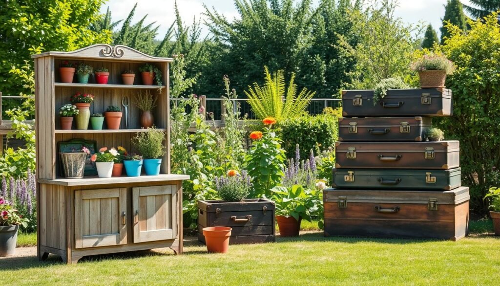 Create an image depicting repurposed furniture designed for garden storage. In the foreground, display an old wooden cabinet transformed into a charming potting shelf, filled with colorful flower pots and gardening tools. In the middle ground, include an eclectic mix of vintage suitcases and crates, creatively stacked to provide additional storage for soil and garden supplies. The backdrop should feature a lush green garden with blooming flowers and a sunny sky. Use bright natural light and soft sunlight to create an airy and upbeat atmosphere, and capture the scene from a slight angle to emphasize depth and detail. The focus should be on functionality mixed with rustic charm, highlighting innovative DIY storage solutions for garden enthusiasts.