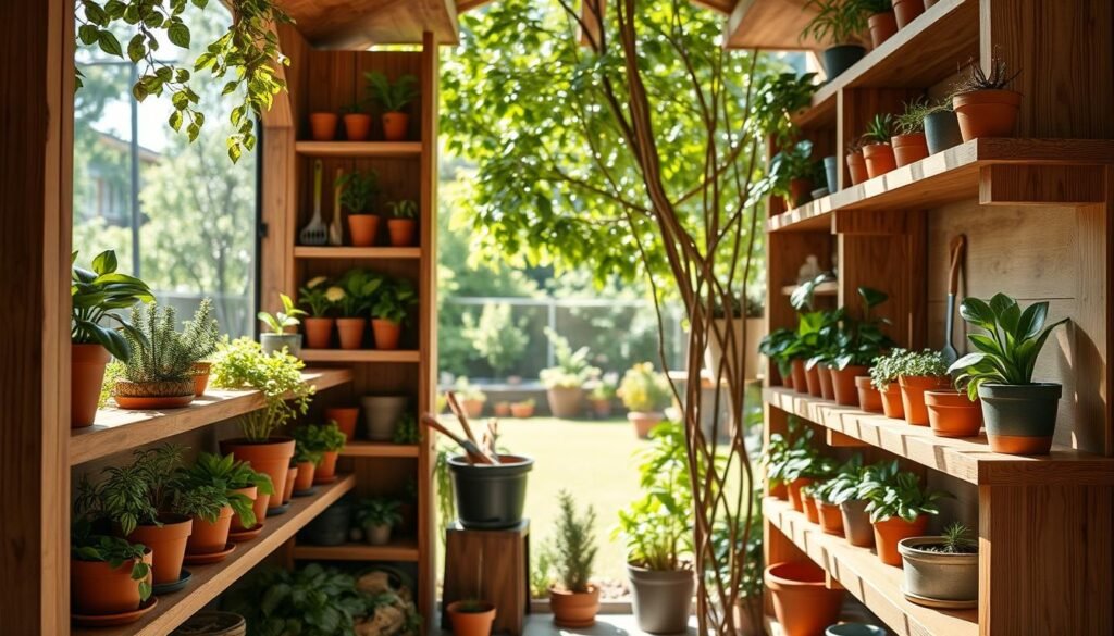 Custom corner shelves made from natural wood, intricately designed to maximize space and enhance organization for garden pots. The foreground captures a beautifully arranged shelf filled with various terracotta pots, vibrant plants, and gardening tools. In the middle, the shelves are installed in a cozy, sunlit corner of a backyard, with lush greenery framing the scene. The background features a soft-focus garden landscape, accentuated by dappled sunlight filtering through leaves. The overall atmosphere is warm and inviting, evoking a sense of creativity and practicality in home gardening. The image is well-lit with bright natural light, showcasing the textures of the wood and the colors of the plants, taken from a low angle to emphasize the shelves' height and unique structure.