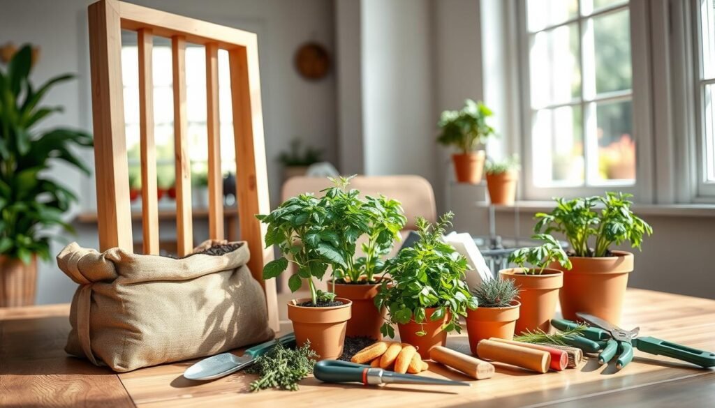 Displayed in a well-lit indoor setting, a collection of essential materials and tools for a DIY vertical herb planter. In the foreground, a wooden frame, soil bags, and small terracotta pots filled with fresh herbs like basil, parsley, and thyme. The middle ground shows gardening tools such as a trowel, pruning shears, and gloves arranged neatly. The background features a bright window with soft sunlight illuminating the scene, highlighting the textures of the wood and plants, creating an inviting and cheerful atmosphere. The lens captures the scene at a slightly elevated angle, giving a comprehensive view of the setup while maintaining a focus on the materials, ideal for a gardening enthusiast.