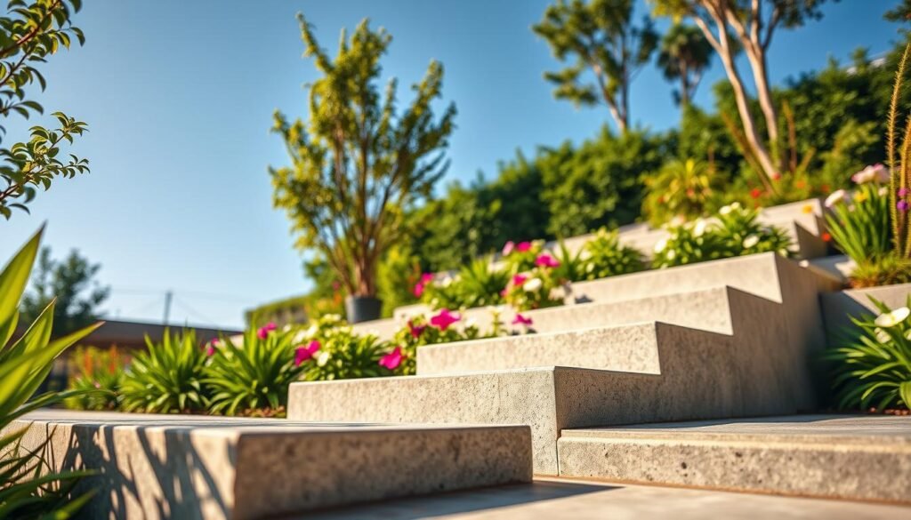 Floating concrete steps elegantly arranged in a modern garden, showcasing a seamless blend with the surrounding greenery. The steps are suspended above the ground, casting soft shadows. In the foreground, the textured surface of the concrete is highlighted by warm, soft sunlight, emphasizing its modern aesthetic. In the middle ground, lush plants and colorful flowers frame the steps, drawing the eye towards them. The background features a clear blue sky, adding a serene atmosphere. The lighting is bright and natural, enhancing the tranquil vibe of the garden. The scene is captured from a low angle to elevate the steps' prominence, creating an inspiring and inviting mood for outdoor gardening enthusiasts.