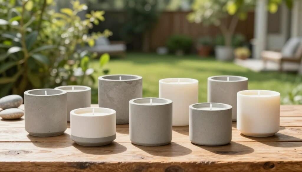 Handcrafted candle vessels made from textured concrete and elegant ceramic, showcasing various shapes and sizes. In the foreground, a set of unique candle holders is arranged on a rustic wooden table, casting soft shadows. The middle ground features lush green foliage and decorative stones, enhancing the outdoor ambiance. The background reveals a serene backyard scene with soft sunlight filtering through trees, creating a warm and inviting atmosphere. The image is captured with a 35mm lens, emphasizing the details of the candle vessels, with bright, natural, and airy lighting that highlights the interplay of materials, evoking a sense of tranquility and creativity.