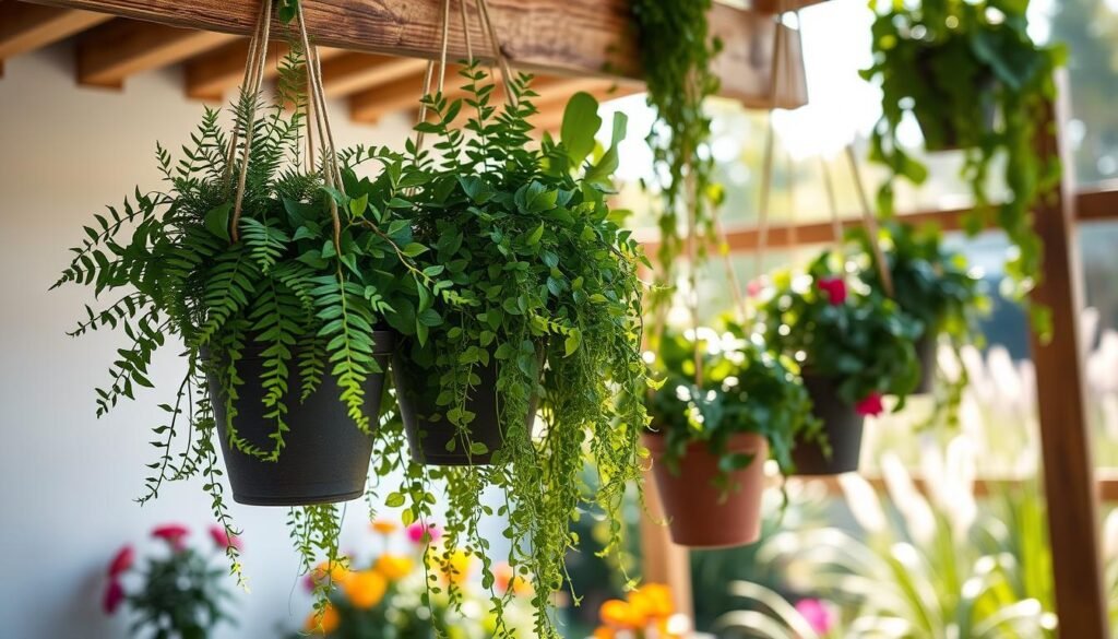 Lush hanging plants gracefully suspended from a rustic wooden beam, showcasing a variety of greenery such as ferns, ivy, and cascading vines. In the foreground, detailed textures of the wooden beam and elegant plant pots are visible, capturing the beauty of DIY craftsmanship. The middle ground features soft sunlight filtering through, creating dapples of light that dance on the plants and surrounding space. In the background, a serene outdoor garden setting with a blurred view of vibrant flowers and softly swaying grasses complements the hanging plants, enhancing the tranquil atmosphere. The scene is well-lit and airy, evoking a joyful and inviting mood, perfect for an outdoor garden feature.
