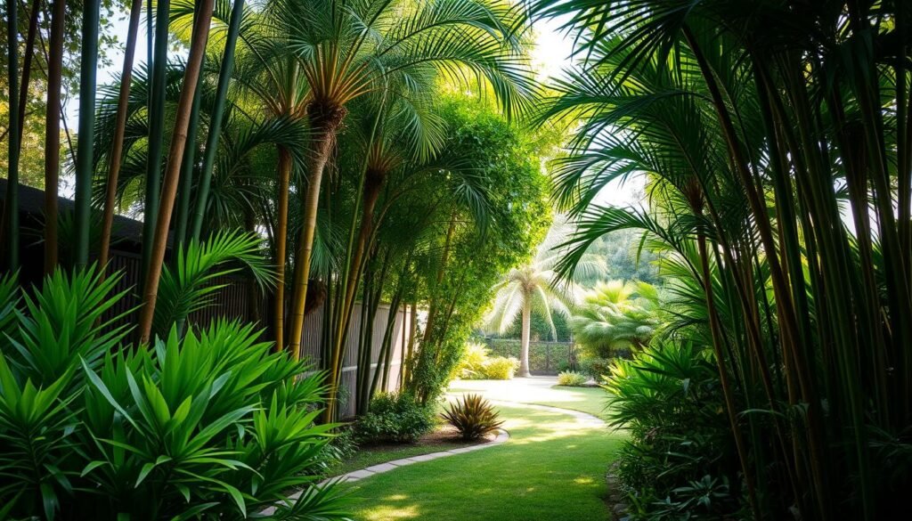 Lush tropical privacy trees create a serene backyard atmosphere. In the foreground, vibrant green leaves fan out, with tall, slender trunks reaching upward. Varieties like bamboo and palm add texture and height, providing a natural screen. The middle ground features a gently curved pathway lined with ornamental plants, leading toward the trees. In the background, soft sunlight filters through the canopy, casting dappled shadows on the ground. The scene is infused with a tranquil mood, enhanced by the bright, airy natural light that illuminates the lush foliage. A wide-angle view emphasizes the expansive garden space, capturing the feeling of privacy and seclusion among the tropical greenery. The composition invites a sense of peace and natural beauty, ideal for a relaxed outdoor retreat.