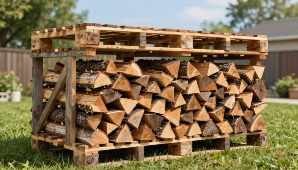 Pallet firewood storage in a backyard setting, showcasing an upcycled design for efficient wood stacking. In the foreground, a neatly arranged stack of firewood extends from the rustic pallet structure, with varied sizes of logs, some with bark still intact. In the middle ground, the pallet rack is visible, built from weathered wood, with bright green grass surrounding it, reflecting a DIY aesthetic. The background features a soft-focus of trees and a clear blue sky, creating an inviting outdoor atmosphere. The scene is illuminated by soft, natural sunlight, casting gentle shadows. This realistic image should evoke a sense of warmth and practicality, perfect for showcasing sustainable backyard solutions.