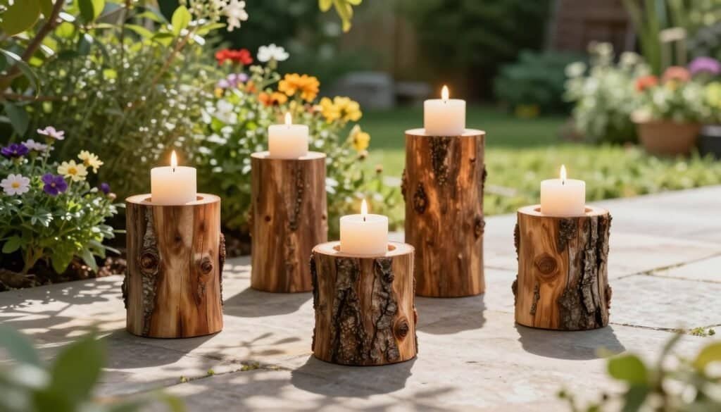 Rustic wood log candle holders displayed on a natural stone patio, surrounded by green foliage and flowering plants. The candle holders, crafted from raw tree logs, feature rough bark edges and hold flickering white candles. The foreground captures the texture of the wood and the warm, inviting glow of the candlelight. In the middle ground, a soft blur of vibrant flowers adds color, with soft sunlight filtering through the leaves, creating dappled shadows on the stone surface. The background showcases a lush garden, enhancing the outdoor ambiance. The scene is lit with bright, natural light, evoking a serene and cozy atmosphere, perfect for creating a welcoming backyard space. The angle emphasizes the handcrafted details while inviting viewers into this tranquil outdoor setting.