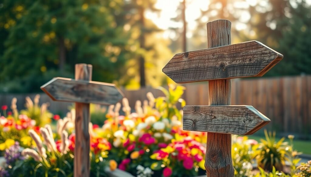 Rustic wooden directional sign posts positioned in a tranquil garden setting. The foreground features three weathered wooden signs, each pointing in different directions, adorned with intricate carvings and a variety of natural textures. The middle ground reveals a colorful flower bed with blooming plants and vibrant greenery surrounding the sign posts. In the background, a soft-focus view of a wooden fence and tall trees bathed in warm, soft sunlight creates a serene atmosphere. The scene is illuminated with bright natural light, enhancing the details in the wood grain and flowers. Capture the mood of a peaceful outdoor space, inviting creativity and inspiration for garden enthusiasts, shot at a slight angle to emphasize depth.