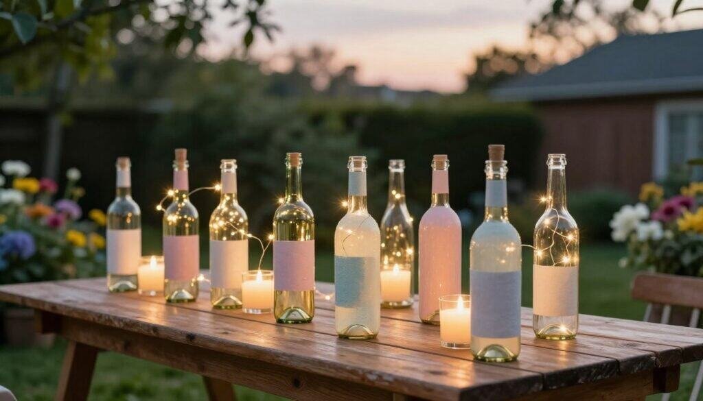 Upcycled wine bottle candle holders are arranged elegantly on a rustic wooden table in a backyard setting. In the foreground, the bottles are painted in soft pastel colors, with twinkling fairy lights gently cascading from each bottle's opening, illuminating the scene with a warm glow. The middle ground features lush greenery and blooming flowers, adding vibrant color, while the background includes softly blurred trees and a twilight sky, suggesting a serene evening atmosphere. Capture the essence of cozy outdoor gatherings. Use bright natural light to highlight the texture of the glass and wood, with an emphasis on the soft sunlight filtering through the foliage, creating an inviting and magical ambiance.
