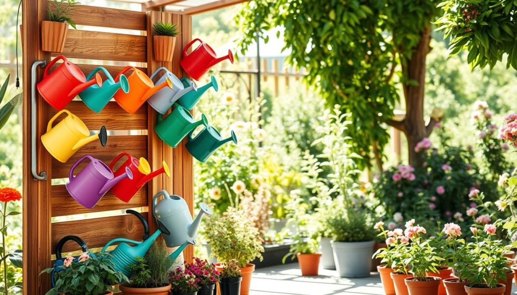 Vertical gardening concept featuring a wooden vertical shelf creatively designed for storing watering cans and sprayers. In the foreground, showcase various colorful watering cans and sprayers arranged neatly on the shelves, surrounded by small potted plants and herbs for an organic touch. In the middle ground, incorporate the vertical shelving unit, made of reclaimed wood, providing a rustic yet polished look. The background should include a bright, sunlit garden space, with lush greenery and blooming flowers casting soft shadows. Aim for a warm atmosphere with bright natural light filtering through, enhancing the colors and textures of the watering station. Use a wide-angle lens perspective to emphasize depth and create an inviting, homey feel. Avoid any text or branding within the image.