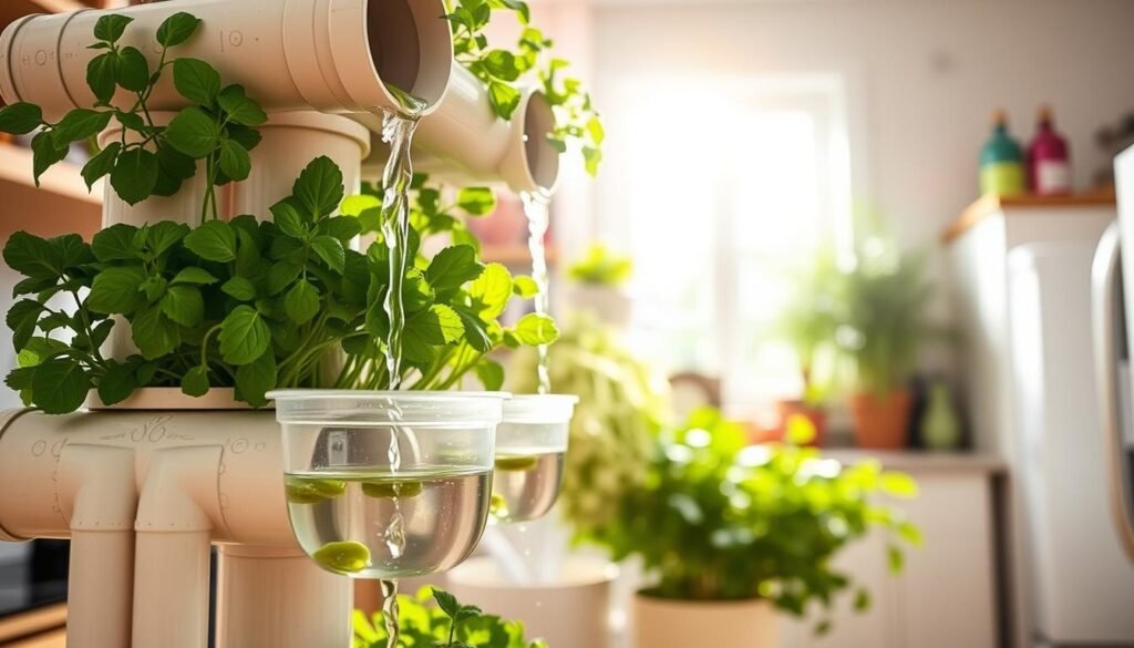 A DIY hydroponic garden tower made from PVC pipes, featuring tiers filled with vibrant green herbs and vegetables such as basil, lettuce, and cilantro. In the foreground, focus on the textured surface of the PVC pipes with water gently cascading down from the top tier to the lower ones. The middle ground showcases the various plant heights, lush foliage, and clear plastic containers holding the nutrient solution. In the background, a bright, airy kitchen setting with natural sunlight streaming through a window, illuminating the tower and creating a warm, inviting atmosphere. Capture the scene from a slightly elevated angle to highlight the vertical design, with a soft focus on the surrounding area to emphasize the hydroponic garden's importance as a centerpiece.