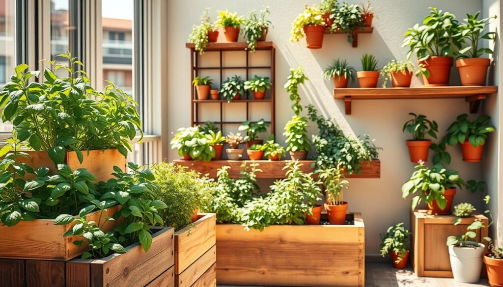 A beautiful vertical herb garden against a soft, airy backdrop. The foreground features a series of wooden planter boxes, stacked neatly, filled with vibrant green herbs like basil, mint, and rosemary. Bright natural light filters through, creating warm highlights on the lush leaves. In the middle, a garden wall is adorned with rustic wooden shelves that hold an assortment of potted herbs, showcasing various heights and textures. The background includes a charming balcony space with a hint of cityscape, emphasizing an apartment living vibe. The atmosphere is serene and inviting, with soft sunlight casting gentle shadows. This scene captures the essence of urban gardening in a stylish yet practical manner.