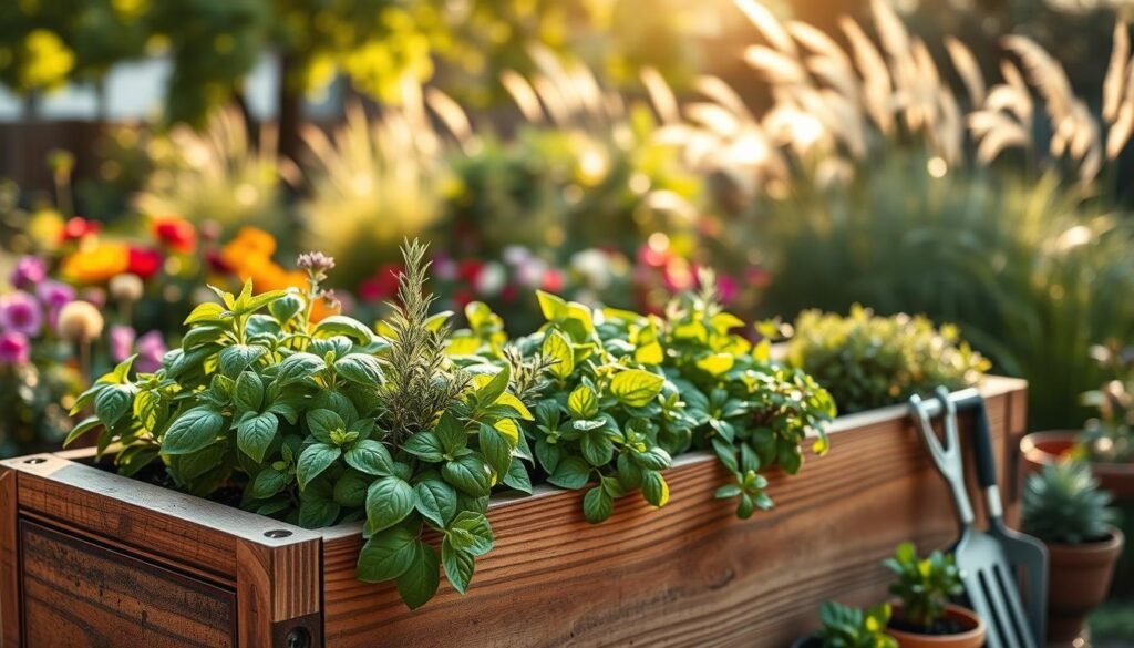 A beautifully arranged DIY raised herb planter box brimming with various fresh herbs like basil, rosemary, and thyme, set in a sunlit backyard. In the foreground, focus on the rich, green leaves glistening with morning dew, showcasing their vibrant colors. The middle ground features a rustic wooden planter box with a simple yet elegant design, surrounded by small garden tools and pots. In the background, a gently blurred garden with colorful flowers and tall grasses adds depth to the scene. Soft sunlight filters through the leaves of nearby trees, creating a warm, inviting atmosphere, perfect for outdoor gardening. The overall mood is tranquil and inspiring, encouraging a love for home gardening.
