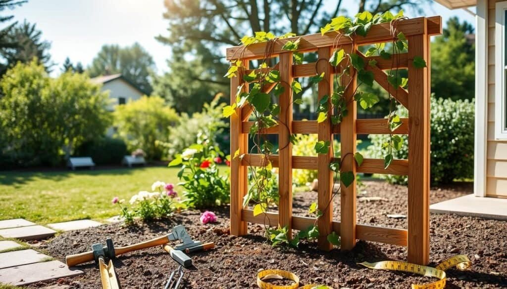 A beautifully arranged DIY trellis for climbing vines stands prominently in a serene backyard setting. In the foreground, the trellis made of sturdy wooden slats showcases an intricate design, with vibrant green vines beginning to wrap around it. Scattered tools like a hammer, a saw, and measuring tape lay neatly beside it, hinting at an ongoing project. The middle ground features blooming flowers and a patch of rich soil, while the background reveals soft-focus greenery and a clear blue sky, with gentle sunlight streaming through. The scene is well-lit and inviting, creating an atmosphere of warmth and creativity. Capture this from a slightly elevated angle to highlight the trellis’s structure against the luminous garden backdrop.
