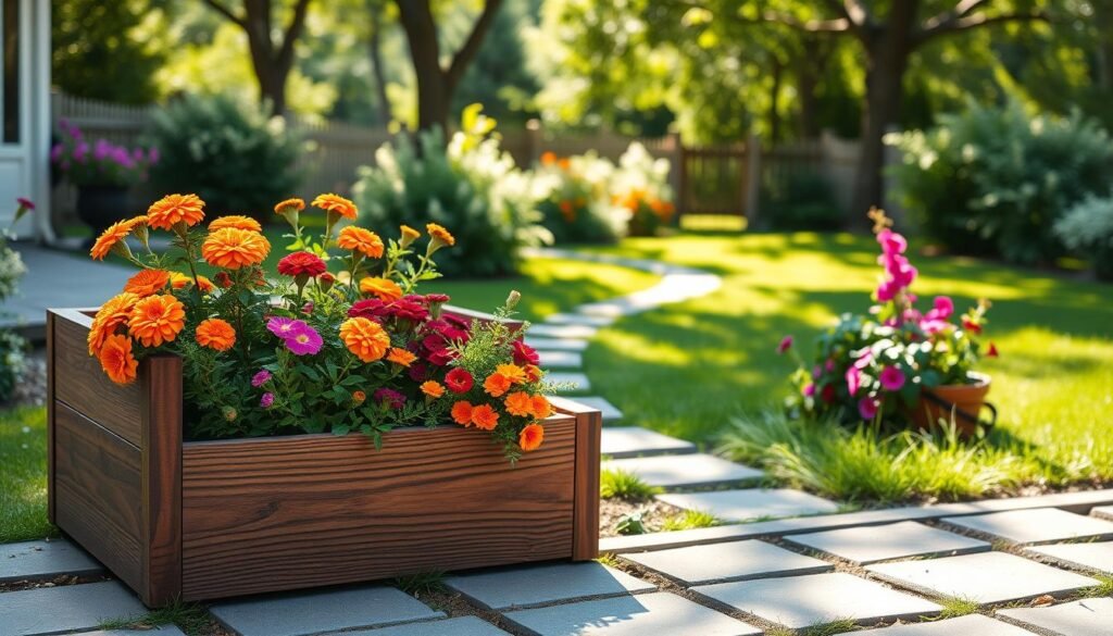 A beautifully arranged DIY wooden planter box setup in a sunny backyard, filled with vibrant flowers such as marigolds and petunias. The foreground features the planter box made of rich, dark-stained wood, showcasing its detailed craftsmanship with natural wood grain. In the middle ground, a garden path of gray stones leads to a lush green lawn, enhancing the inviting atmosphere. Flowers overflow from the sides of the box, adding bursts of color. In the background, soft sunlight filters through nearby trees, casting dappled light on the scene. The angle is slightly elevated, capturing the entire setup in a warm and cheerful mood, evoking a sense of tranquility and inspiration for gardening enthusiasts. A beautifully arranged DIY wooden planter box setup in a sunny backyard, filled with vibrant flowers such as marigolds and petunias. The foreground features the planter box made of rich, dark-stained wood, showcasing its detailed craftsmanship with natural wood grain. In the middle ground, a garden path of gray stones leads to a lush green lawn, enhancing the inviting atmosphere. Flowers overflow from the sides of the box, adding bursts of color. In the background, soft sunlight filters through nearby trees, casting dappled light on the scene. The angle is slightly elevated, capturing the entire setup in a warm and cheerful mood, evoking a sense of tranquility and inspiration for gardening enthusiasts.