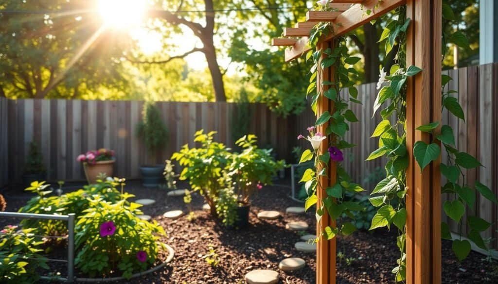 A beautifully arranged backyard scene featuring a wooden trellis designed for climbing plants. In the foreground, vibrant green plants like morning glories and clematis are climbing the trellis, showcasing their lush foliage and colorful flowers. The middle ground highlights a well-maintained garden with rich soil and decorative stones, providing a cozy ambiance. In the background, soft sunlight filters through leafy trees, casting a warm glow over the scene. The angle captures the trellis from a slightly elevated perspective, giving a sense of depth. The overall mood is tranquil and inviting, highlighting the optimal placement strategies for maximum plant growth. The natural light enhances the details of the wood grain and foliage, resulting in a realistic and serene outdoor setting.