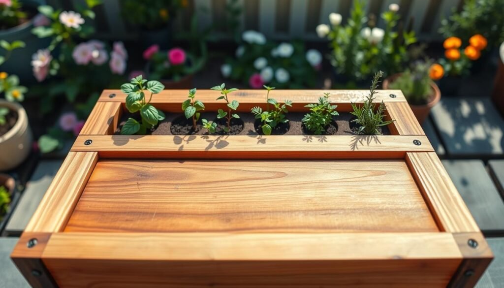 A beautifully arranged cedar garden box plan, showcasing a detailed, top-down view of the raised herb planter with sections for different herbs. The foreground features polished cedar wood with rich, warm tones and visible textures, depicting a meticulous design for durability. In the middle, vibrant herb seedlings like basil, thyme, and rosemary are planted in each compartment, lush and green. The background includes a softly blurred backyard garden scene, with hints of blooming flowers and greenery, bathed in bright natural light. The atmosphere is inviting and serene, suggesting an ideal space for gardening. The lighting emphasizes the wood's grain, and the angle is slightly elevated to capture the entire planter’s design effectively. No text, watermarks, or overlays.