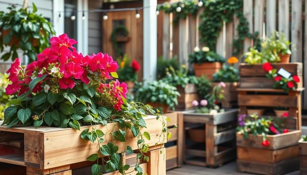 A beautifully arranged collection of DIY patio planters made from reclaimed wood pallets and rustic wooden boxes, filled with vibrant flowers and lush greenery. In the foreground, show a close-up of a colorful palette planter overflowing with geraniums and trailing vines. The middle ground features different styles of wooden boxes, some stacked, showcasing herbs like basil and rosemary, while others hold flowering plants in a charming haphazard arrangement. In the background, a cozy patio scene with fairy lights strung above and a wooden fence draped in creeping ivy, all bathed in soft, natural sunlight. The mood is inviting and serene, perfect for small outdoor spaces. Shot with a 35mm lens, emphasizing depth of field to focus on the planters while softly blurring the background. A beautifully arranged collection of DIY patio planters made from reclaimed wood pallets and rustic wooden boxes, filled with vibrant flowers and lush greenery. In the foreground, show a close-up of a colorful palette planter overflowing with geraniums and trailing vines. The middle ground features different styles of wooden boxes, some stacked, showcasing herbs like basil and rosemary, while others hold flowering plants in a charming haphazard arrangement. In the background, a cozy patio scene with fairy lights strung above and a wooden fence draped in creeping ivy, all bathed in soft, natural sunlight. The mood is inviting and serene, perfect for small outdoor spaces. Shot with a 35mm lens, emphasizing depth of field to focus on the planters while softly blurring the background.