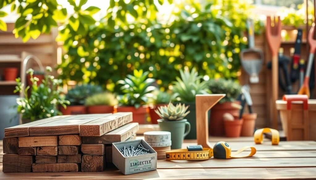 A beautifully arranged composition showcasing essential materials for a DIY wooden plant stand. In the foreground, rustic wooden planks of various sizes are neatly stacked, alongside a pair of sturdy, rustic brackets. A box of nails and a tape measure are thoughtfully placed nearby. The middle ground presents a lush green garden backdrop with potted plants, adding life to the scene. Soft sunlight filters through the leaves above, casting gentle shadows and highlighting the textures of the wood. The background features a blurred outline of additional gardening tools in a cozy outdoor workspace. The mood is bright and inviting, embodying a spirit of creativity and natural beauty, evoking a sense of inspiration for outdoor décor projects. A beautifully arranged composition showcasing essential materials for a DIY wooden plant stand. In the foreground, rustic wooden planks of various sizes are neatly stacked, alongside a pair of sturdy, rustic brackets. A box of nails and a tape measure are thoughtfully placed nearby. The middle ground presents a lush green garden backdrop with potted plants, adding life to the scene. Soft sunlight filters through the leaves above, casting gentle shadows and highlighting the textures of the wood. The background features a blurred outline of additional gardening tools in a cozy outdoor workspace. The mood is bright and inviting, embodying a spirit of creativity and natural beauty, evoking a sense of inspiration for outdoor décor projects.