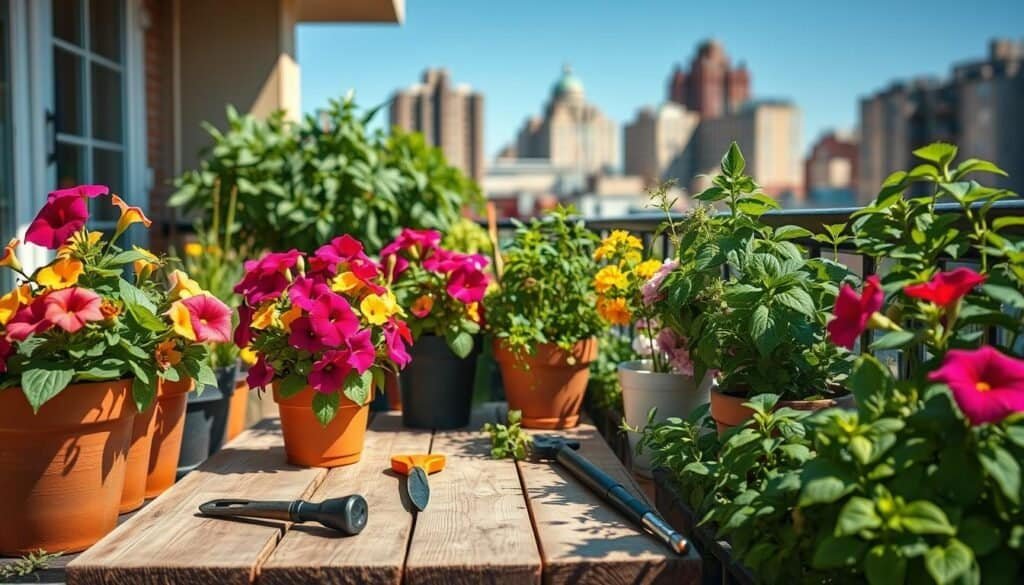 A beautifully arranged container gardening scene in a cozy urban balcony setting. In the foreground, a variety of colorful plants thrive in stylish containers: vibrant petunias, lush greenery, and aromatic herbs like basil and mint. The middle ground features a rustic wooden table with gardening tools scattered around, hinting at a recent planting activity. In the background, a soft focus of city buildings under a clear blue sky enhances the urban touch. The scene is illuminated by bright natural sunlight, casting gentle shadows and creating a warm, inviting atmosphere. The composition is shot from a slightly elevated angle, showcasing the plants’ vibrant colors and textures while capturing the essence of container gardening in limited spaces. A beautifully arranged container gardening scene in a cozy urban balcony setting. In the foreground, a variety of colorful plants thrive in stylish containers: vibrant petunias, lush greenery, and aromatic herbs like basil and mint. The middle ground features a rustic wooden table with gardening tools scattered around, hinting at a recent planting activity. In the background, a soft focus of city buildings under a clear blue sky enhances the urban touch. The scene is illuminated by bright natural sunlight, casting gentle shadows and creating a warm, inviting atmosphere. The composition is shot from a slightly elevated angle, showcasing the plants’ vibrant colors and textures while capturing the essence of container gardening in limited spaces.