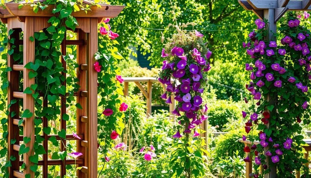 A beautifully arranged garden scene featuring a wooden trellis adorned with a variety of vibrant climbing plants such as lush green vines, colorful flowering climbers, and fragrant varieties like sweet peas and morning glories. In the foreground, the trellis stands tall with intricate details, while in the middle ground, the plants are thriving, intertwining gracefully around the wooden structure. The background showcases a sun-drenched garden with soft sunlight filtering through leaves, casting gentle shadows. The atmosphere is serene and inviting, reflecting the beauty of nature. The image captures the essence of a well-maintained garden space, encouraging viewers to envision their own climbing plants flourishing on a trellis. Use a wide-angle lens to encompass the full scene, ensuring a bright, natural daylight feel.