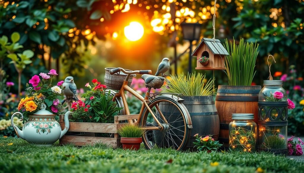 A beautifully arranged garden scene featuring ten unexpected containers that enhance the aesthetic appeal of any outdoor space. In the foreground, showcase an elegant vintage tea set repurposed as a flower pot, a rustic wooden crate overflowing with vibrant blooms, and a charming bicycle adorned with hanging planters. The middle section features unique items like a colorful ceramic birdhouse, a repurposed wine barrel filled with grass, and glass jars glowing softly with fairy lights. In the background, a dreamy sunset casts warm golden hues, illuminating a variety of leafy greenery and colorful flowers. Capture this moment with soft sunlight filtering through the leaves, creating a serene and inviting atmosphere, shot with a shallow depth of field to emphasize the containers while blurring the lush garden backdrop.