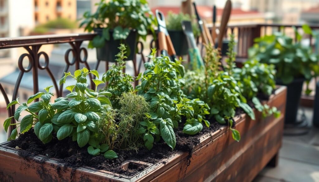 A beautifully arranged herb planter box filled with a variety of vibrant herbs such as basil, parsley, thyme, and mint, showcasing both healthy plants and signs of common mistakes like over-watering, weeds, and incorrect placement. In the foreground, focus on the planter itself, with soil spilling slightly over the edges. The middle ground features a rustic balcony railing adorned with gardening tools, while the background reveals a sunny urban setting with soft sunlight filtering through. Use a warm color palette to evoke a lively and inviting atmosphere. Capture the scene from a slightly elevated angle for a comprehensive view that emphasizes both the beauty and the pitfalls of herb gardening. The image should radiate a sense of learning and improvement in an accessible, sunny environment.